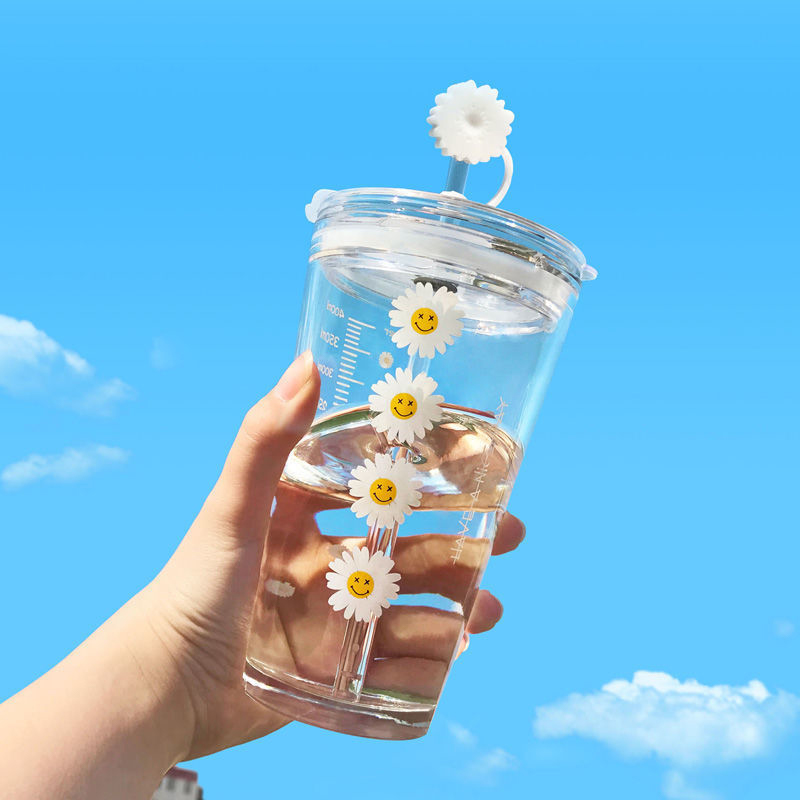 450ml Printed Glass Beverage Cups with Straws For Students
