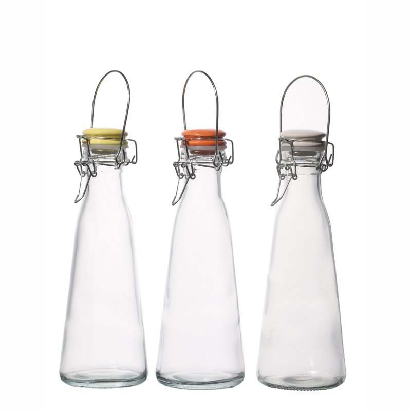 Glass Milk Juice Beverage Bottles With Sealed Handle Caps 500ml 1000ml