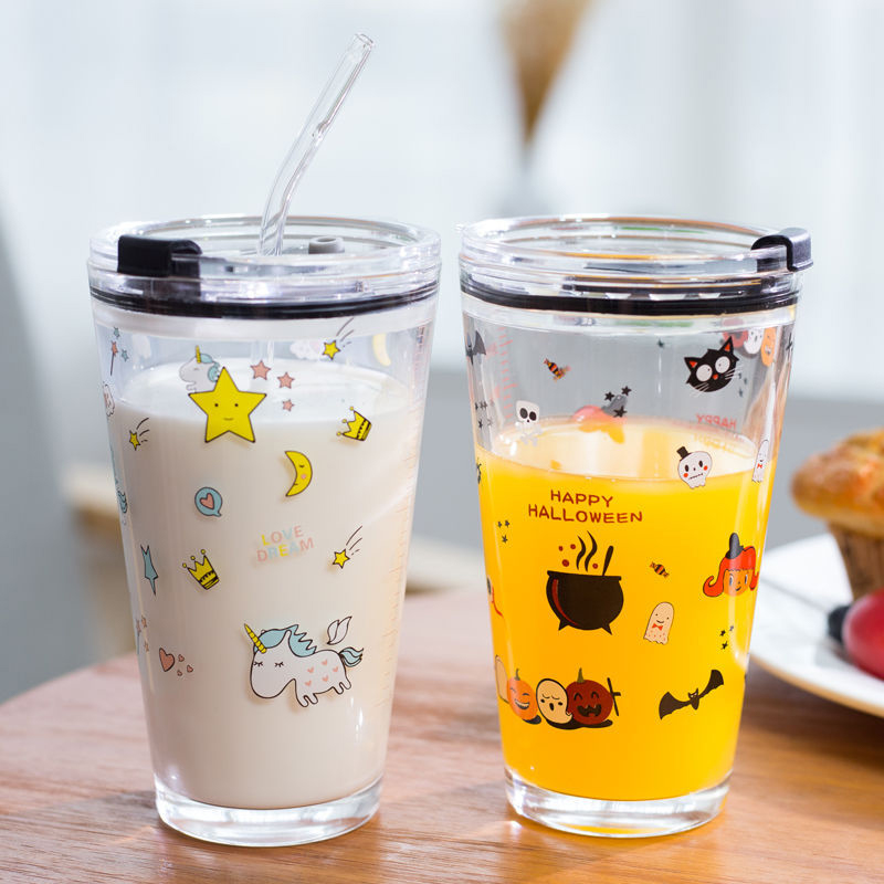 450ml Printed Glass Beverage Cups with Straws For Students
