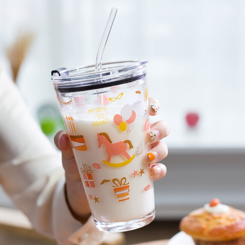 450ml Printed Glass Beverage Cups with Straws For Students