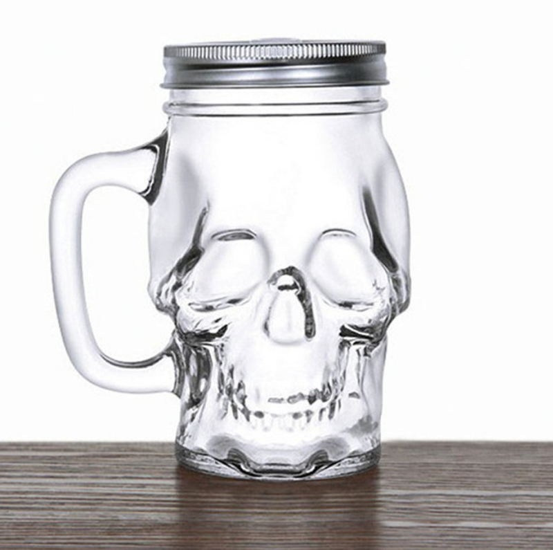 300ml Skull Shape Glass Beer Beverage Cups with Screw Lid