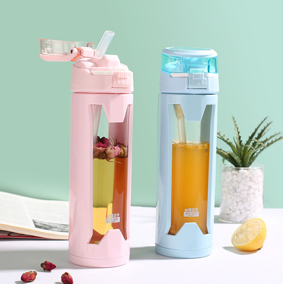 High Borosilicate 450ml Drinking Bottles with Reusable Straws