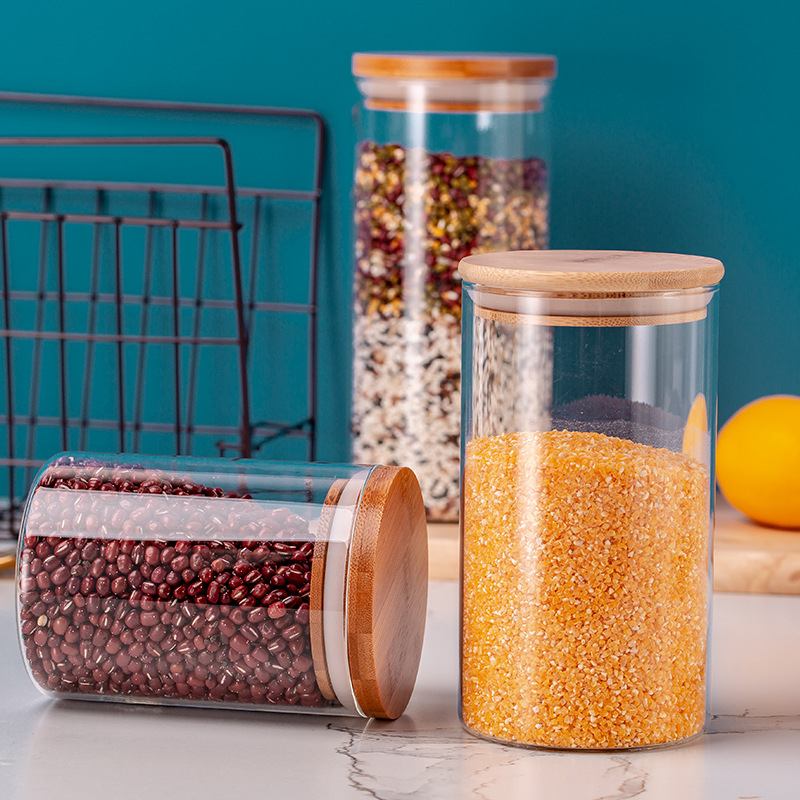 High Borosilicate Clear Glass Food Storage Jars with Sealing Bamboo Lids