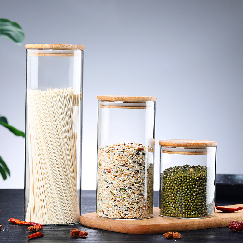 High Borosilicate Clear Glass Food Storage Jars with Sealing Bamboo Lids