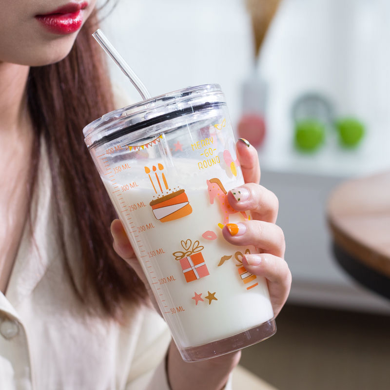 450ml Printed Glass Beverage Cups with Straws For Students
