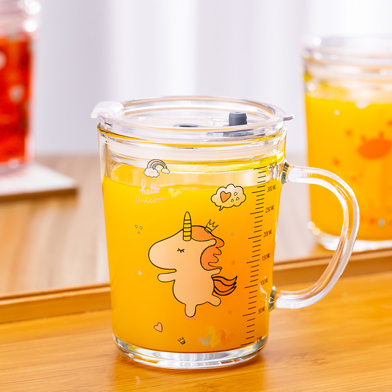 High Quality 350ml Printed Glass Drinking Cups with Handle For Children