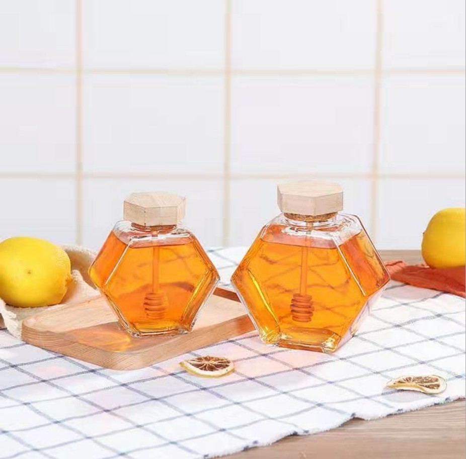 High Quality Hexagon Glass Honey Jars with Bamboo Lids
