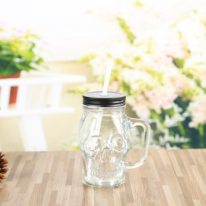 300ml Skull Shape Glass Beer Beverage Cups with Screw Lid