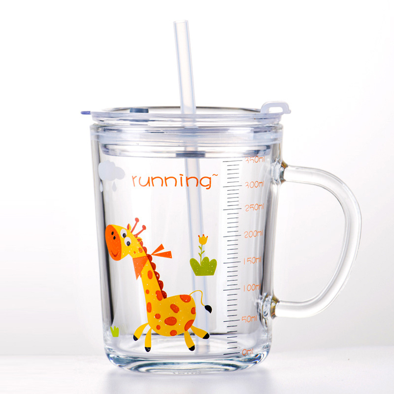 High Quality 350ml Printed Glass Drinking Cups with Handle For Children