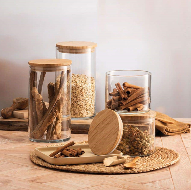 High Borosilicate Clear Glass Food Storage Jars with Sealing Bamboo Lids