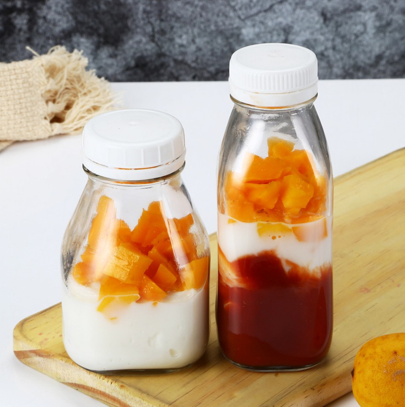 Glass Empty 350ml Milk Bottles Juice Bottles Hot Sale With Plastic Lids