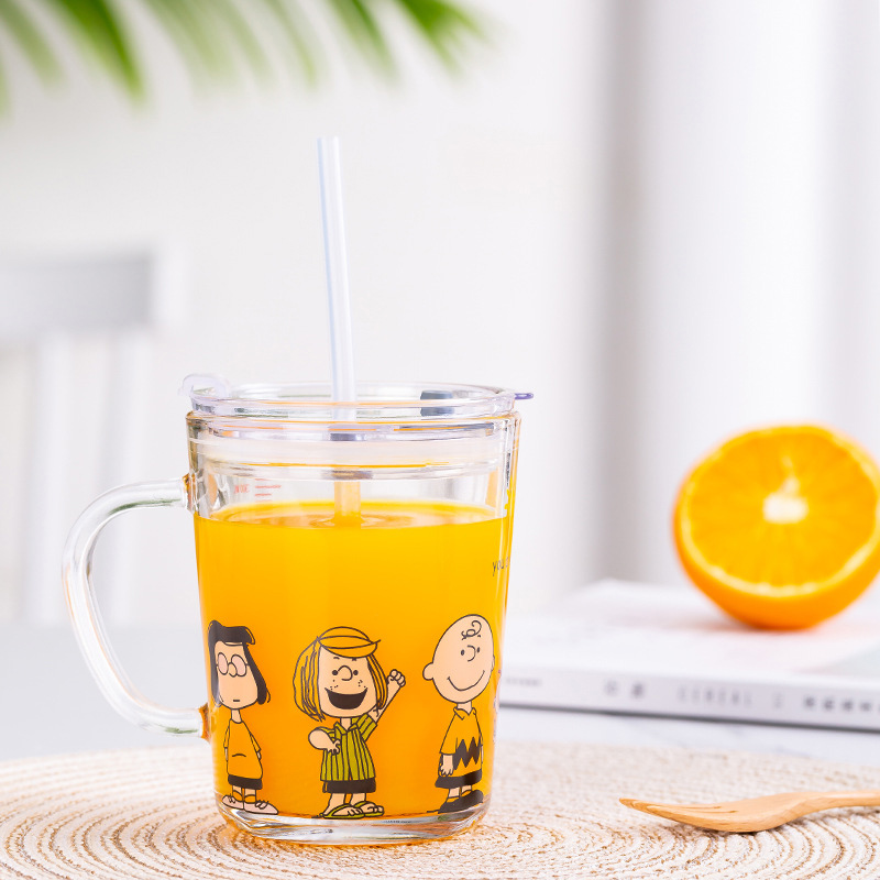 High Quality 350ml Printed Glass Drinking Cups with Handle For Children