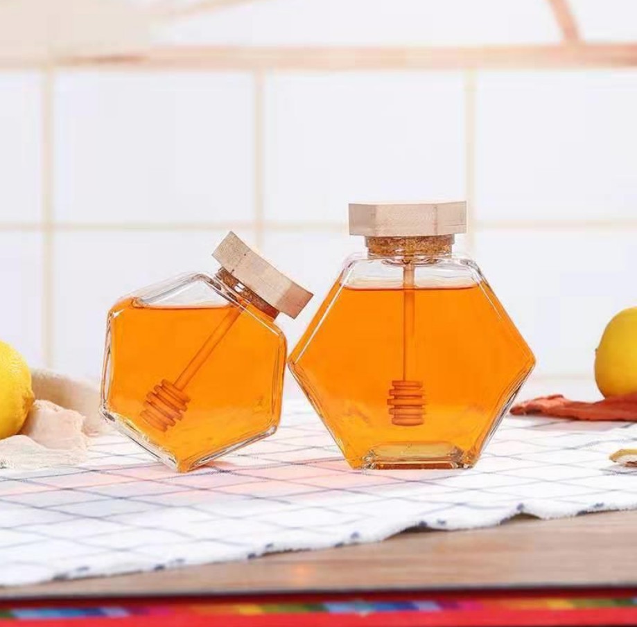 High Quality Hexagon Glass Honey Jars with Bamboo Lids