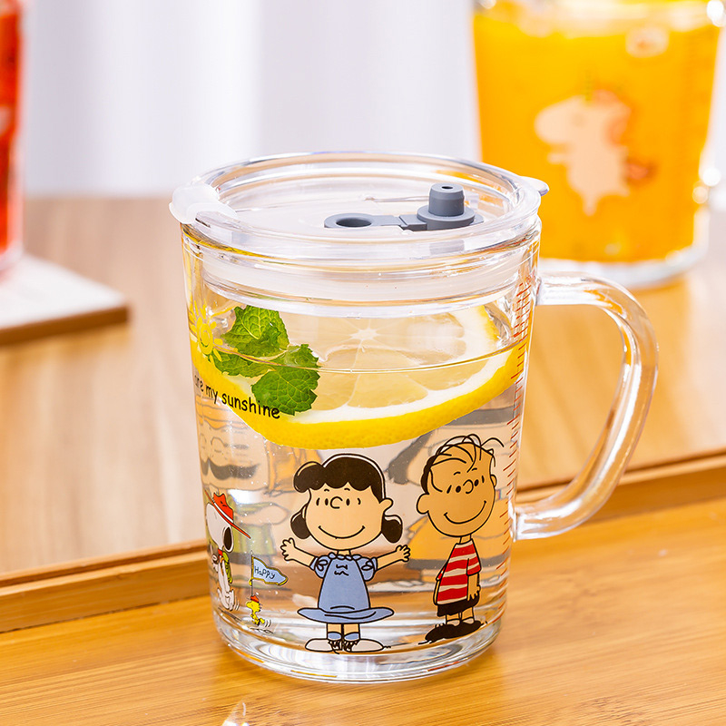High Quality 350ml Printed Glass Drinking Cups with Handle For Children